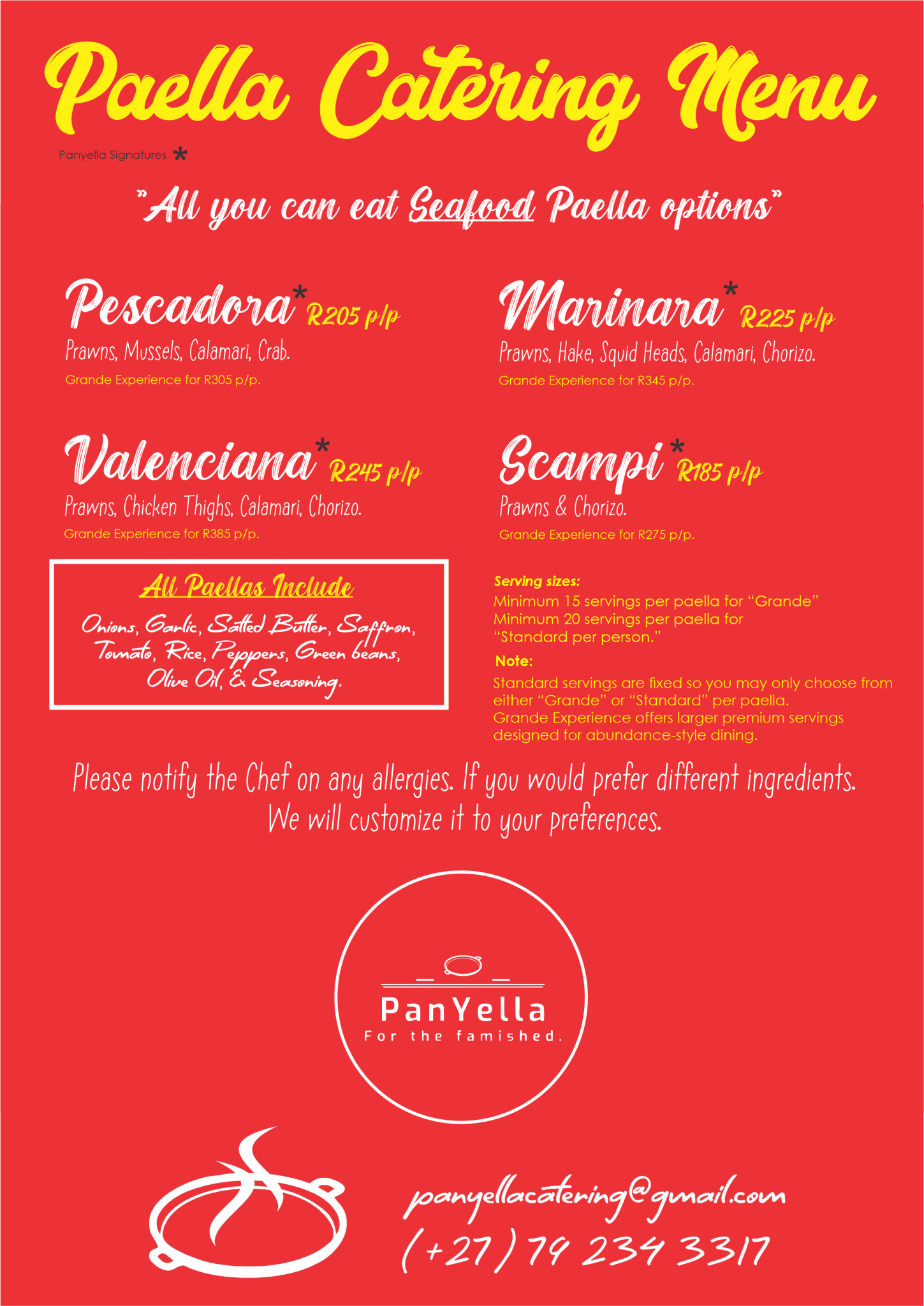 Panyella Catering seafood paella menu featuring authentic Spanish-style seafood paellas with prawns, mussels, calamari, crab, hake and chorizo. Premium red and yellow menu design with standard and Grande Experience serving options for live event catering.