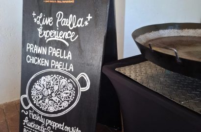 Panyella Catering sign advertising live paella catering services
