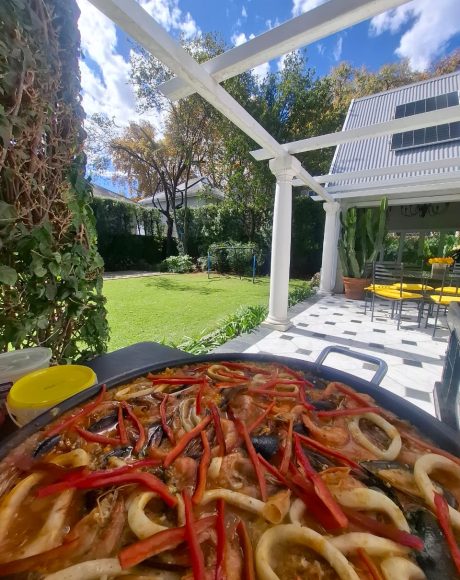 Large seafood paella pan at a private garden event in Johannesburg