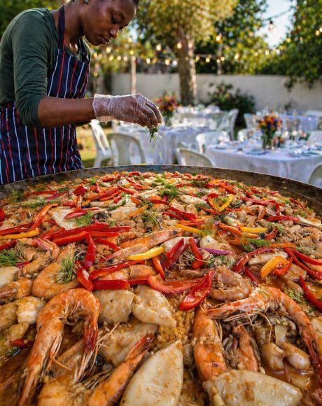 Chef garnishing seafood paella during an outdoor catered event