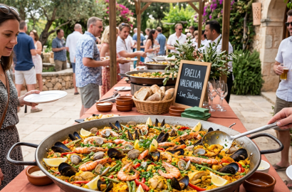 Large paella pan filled with seafood paella with shrimp, clams, mussels, peas, and lemon wedges on an outdoor buffet table
